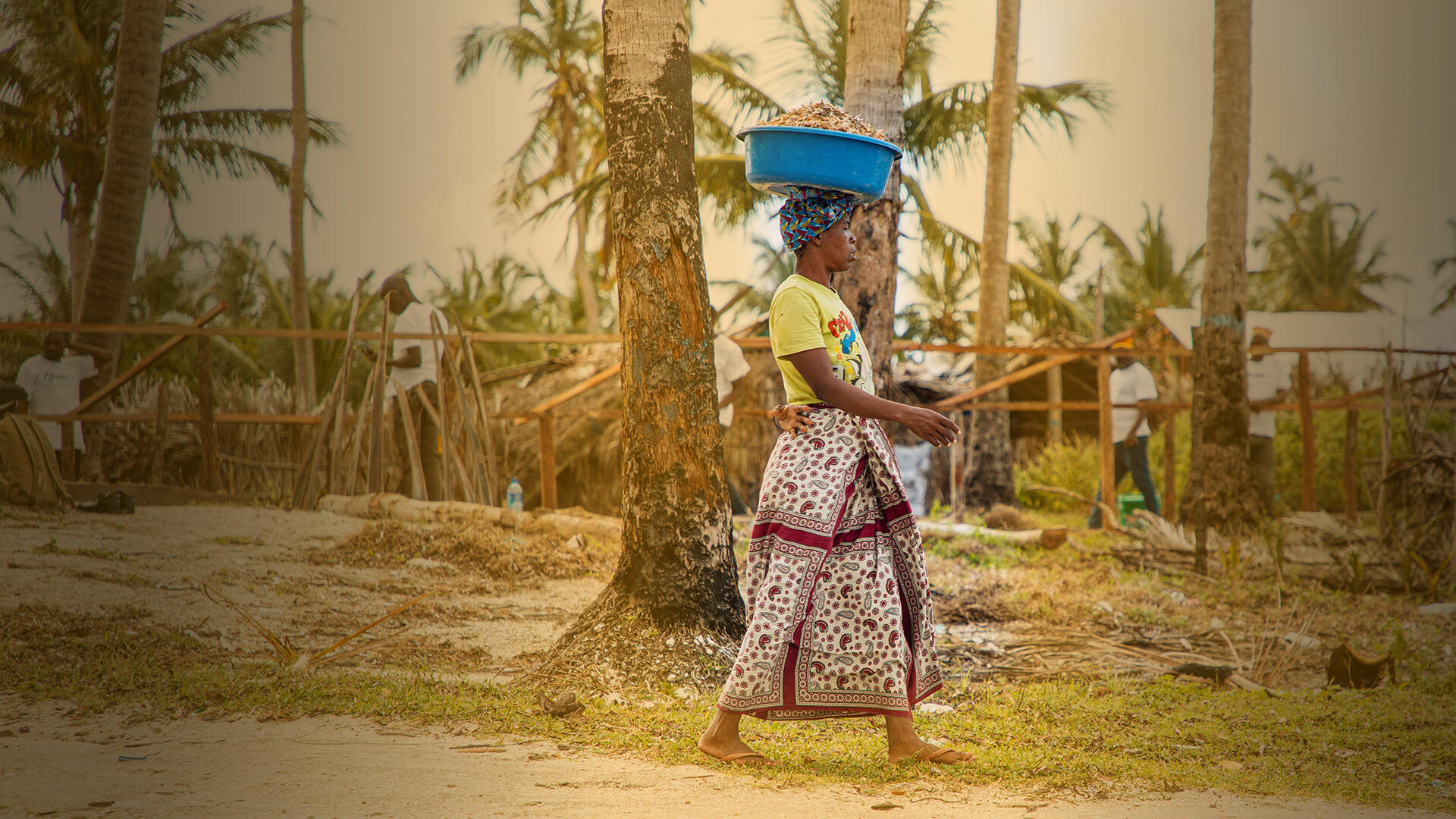 woman carrying basket of fish on head walking through village