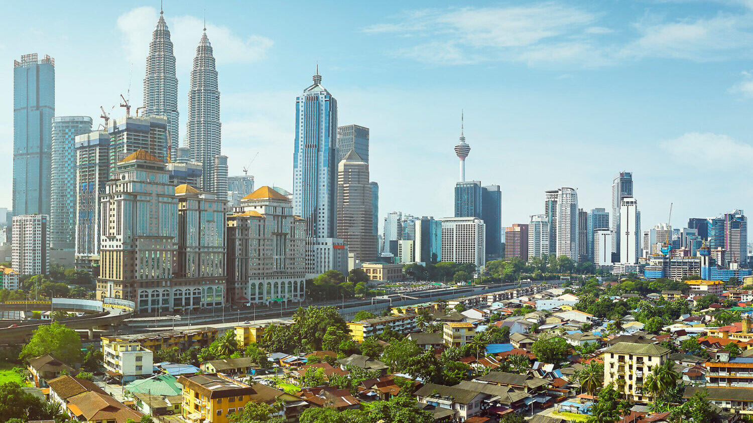 vibrant cityscape with a mix of modern skyscrapers and traditional residential buildings and lush greenery in the foreground