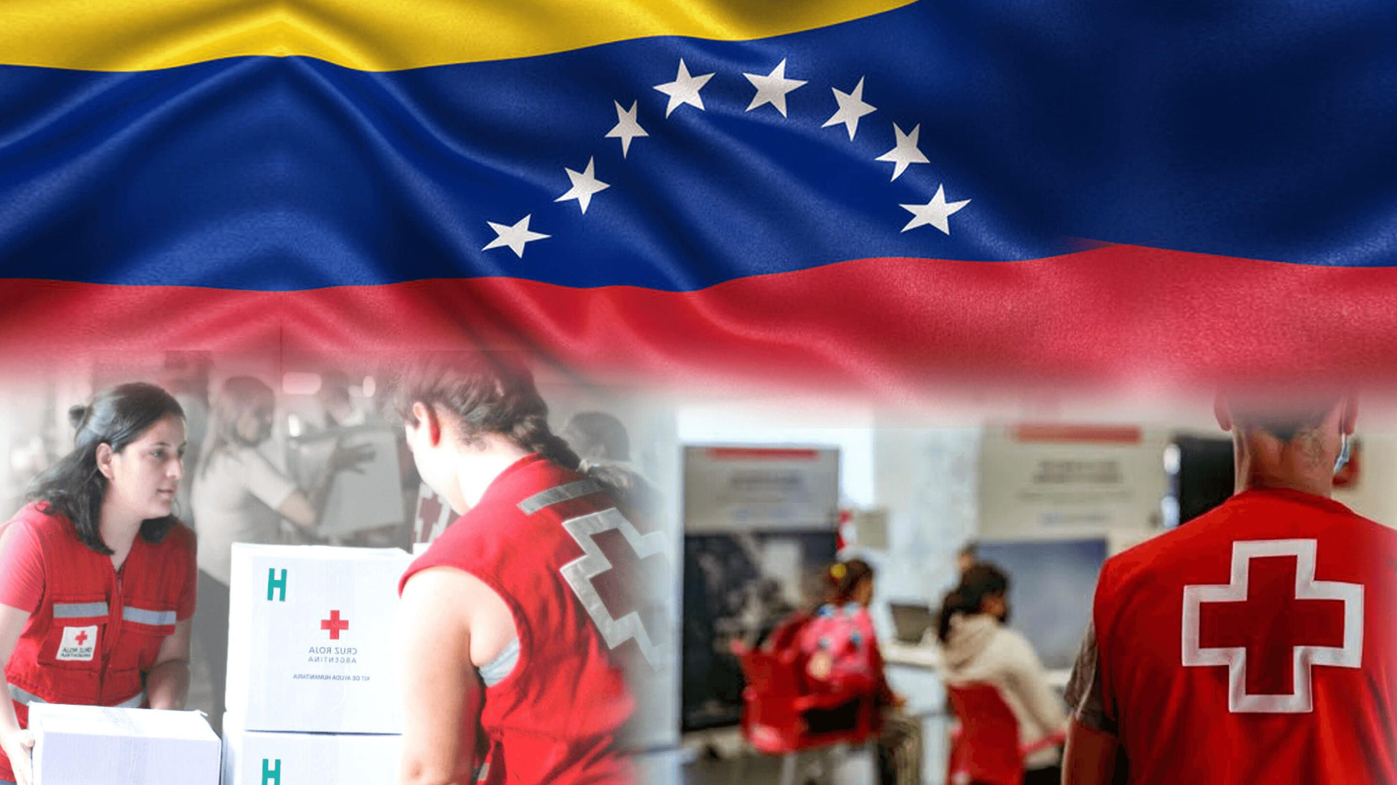 Red Cross volunteers with Venezuelan flag overlay