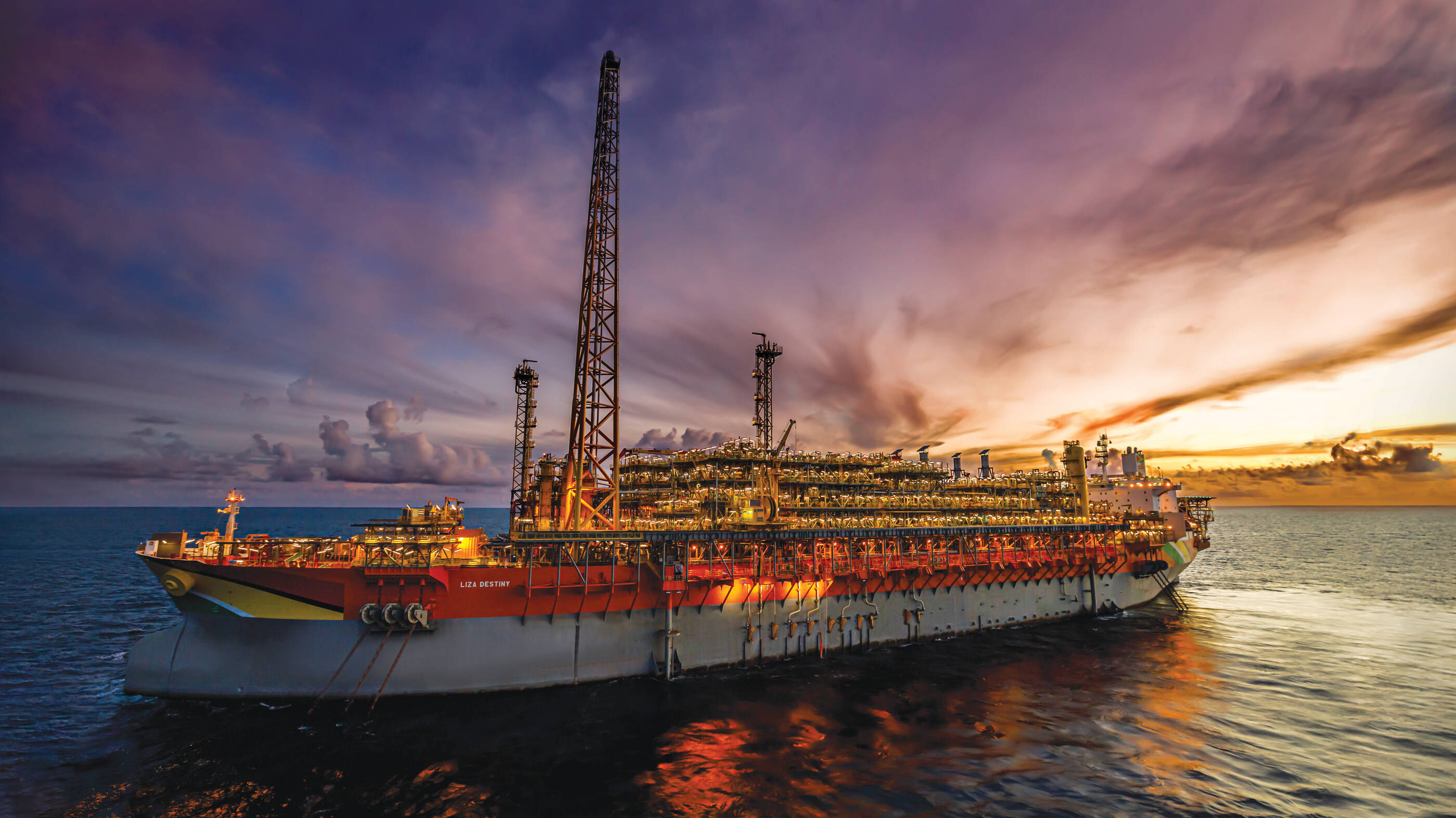 Liza Destiny FPSO with sunset in background