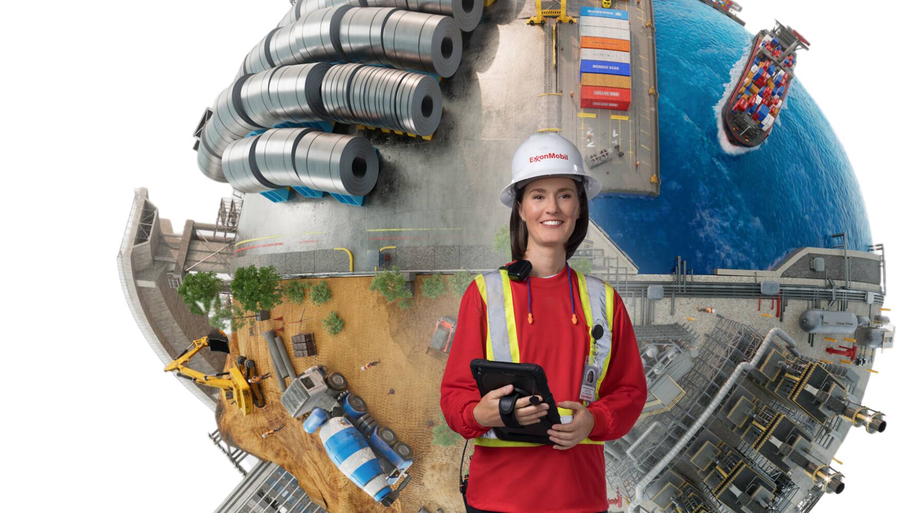 Employee wearing a hard hat and safety vest in front of world industries globe