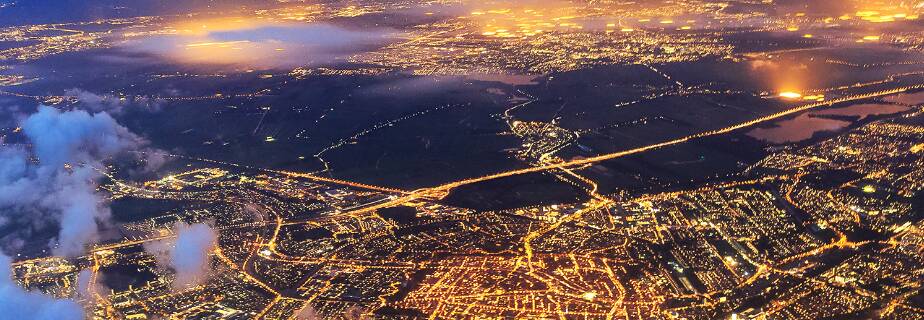 Birds eye view of city lights at night