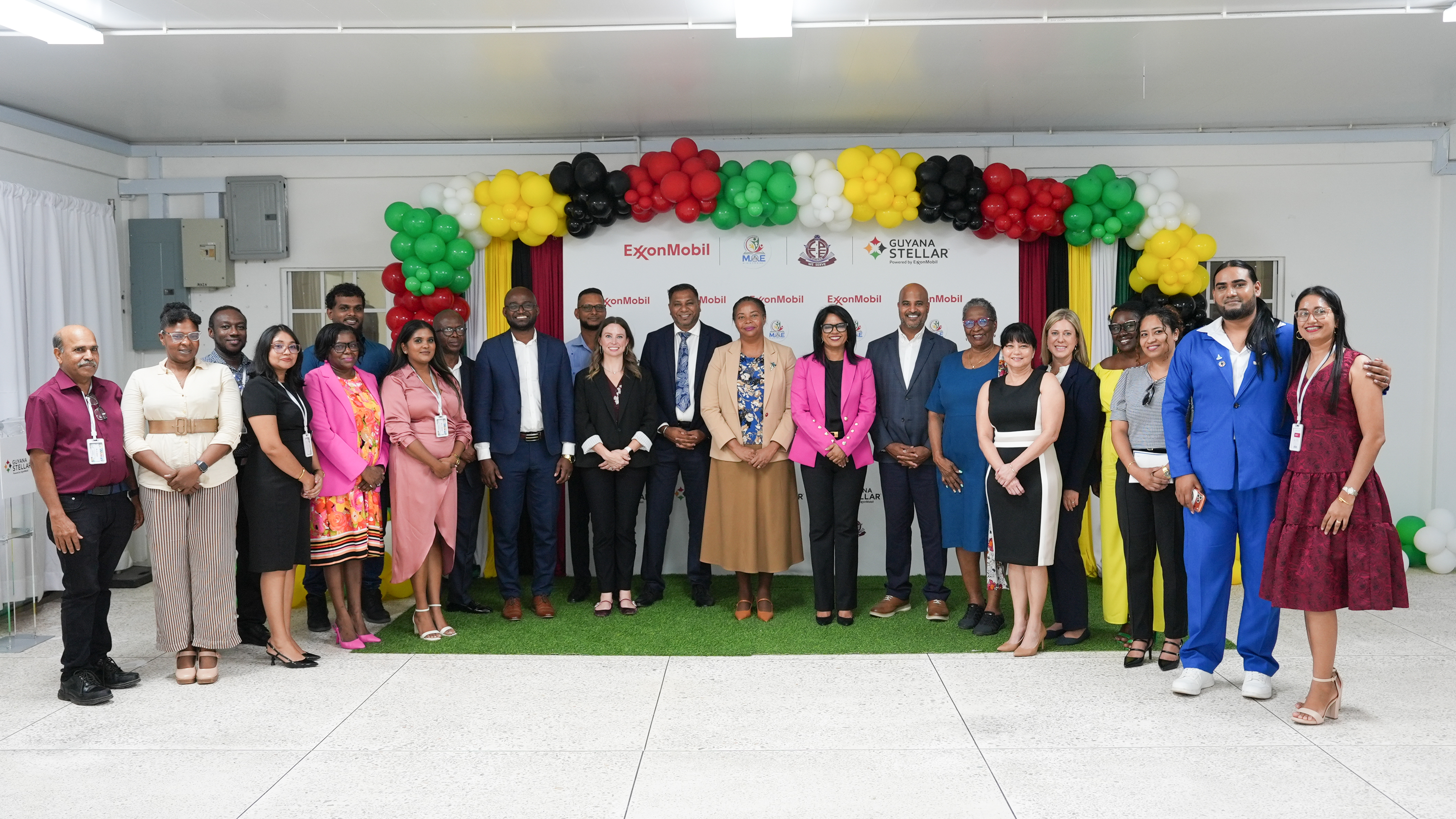 Programme facilitators, officials, representatives from the Ministry of Education, Minister Sonia Parag, President of the ExxonMobil Foundation Alvin Abraham, representatives of the ExxonMobil Foundation, and representatives of ExxonMobil Guyana (left to right).