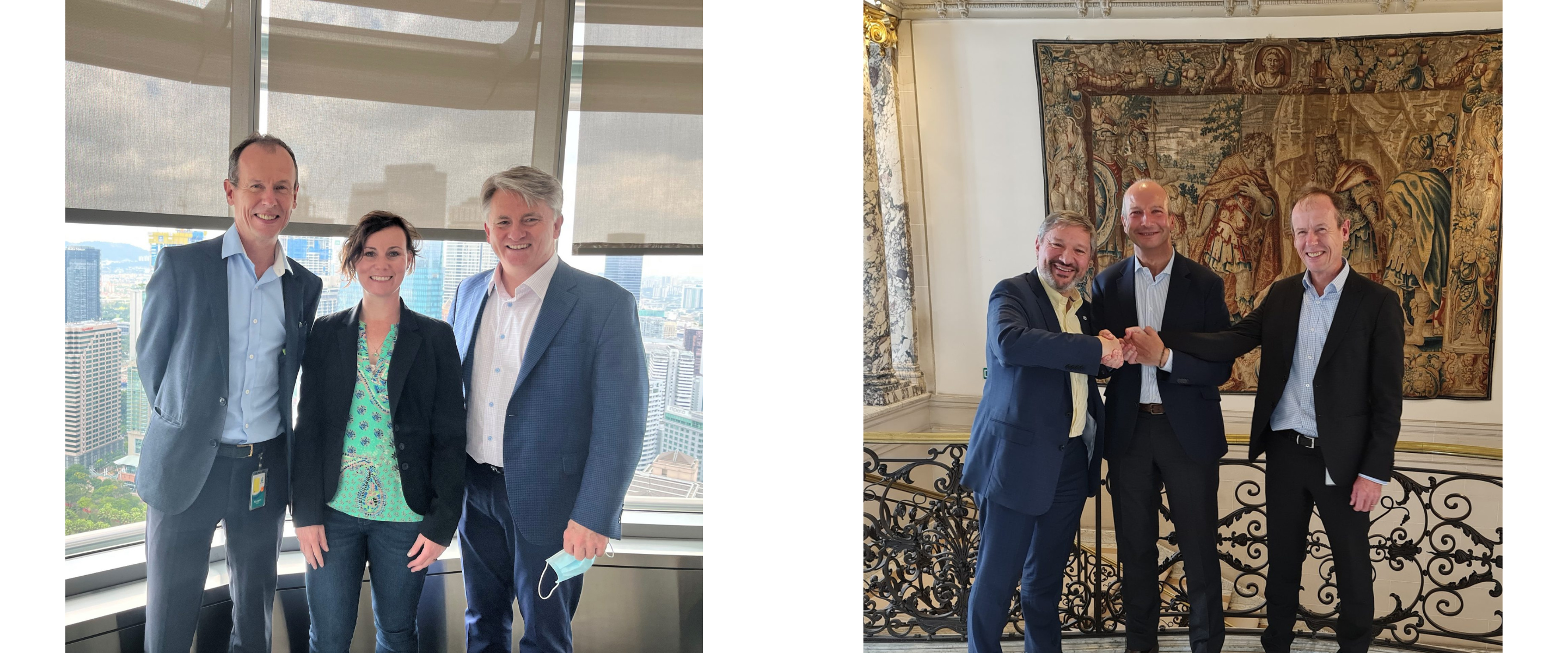 Image Xavier (left) in Malaysia with two other ExxonMobil colleagues working on advanced recycling, Danice Christmas (center) and Dave Andrew (right).
Xavier (right) with ExxonMobil Europe president Philippe Ducom (left), and Carlos Monreal, chairman and CEO of Plastic Energy (center).